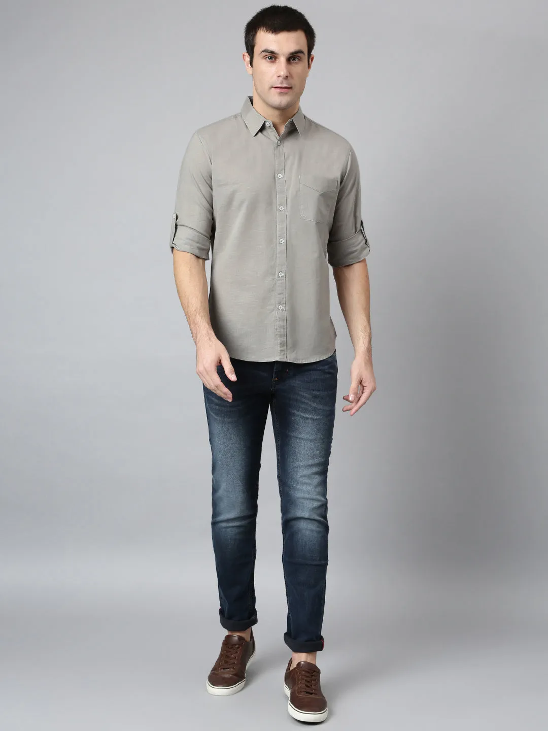 Men's Cotton Solid Grey Slim Fit Casual Shirt