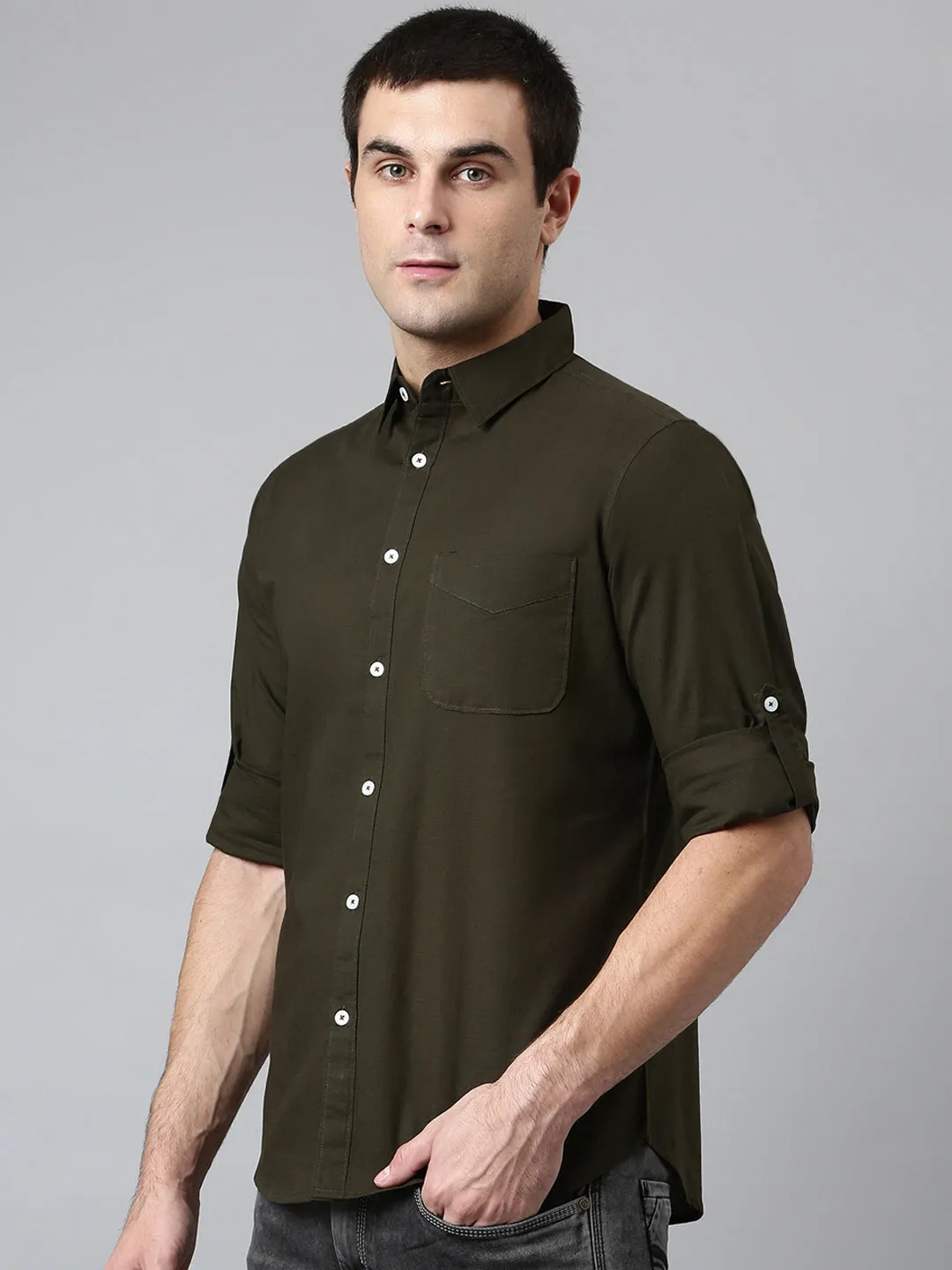 Men's Cotton Solid Olive Slim Fit Casual Shirt