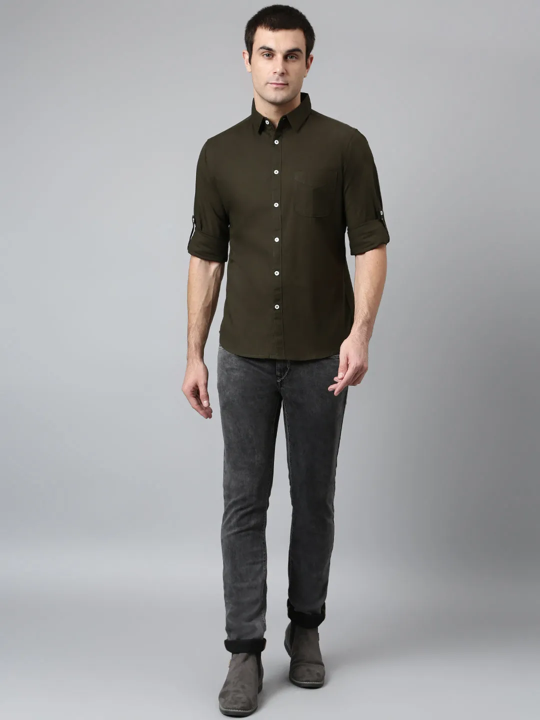 Men's Cotton Solid Olive Slim Fit Casual Shirt