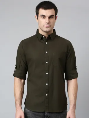 Men's Cotton Solid Olive Slim Fit Casual Shirt