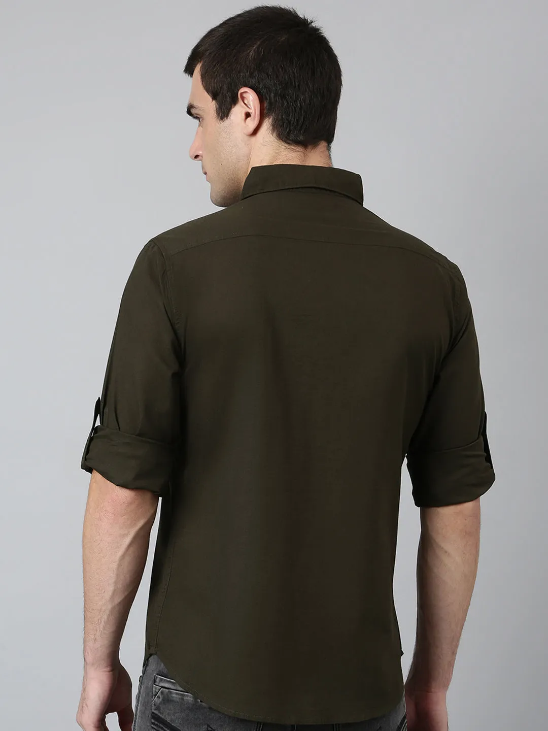 Men's Cotton Solid Olive Slim Fit Casual Shirt