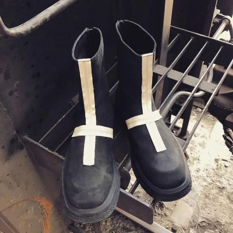 Men’s Cross Stitched Leather Statement Piece Boots in Black