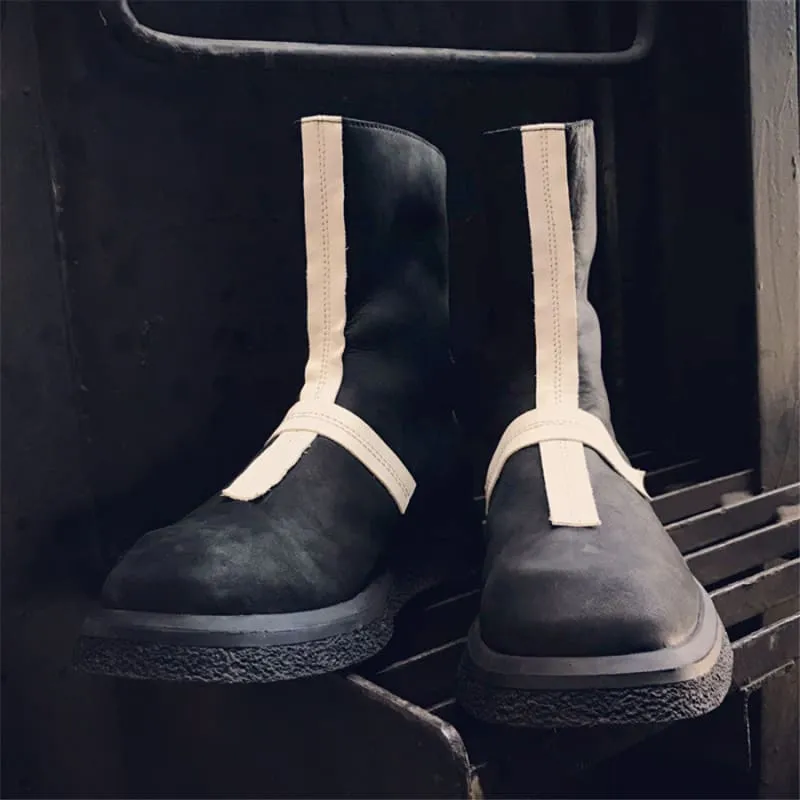 Men’s Cross Stitched Leather Statement Piece Boots in Black