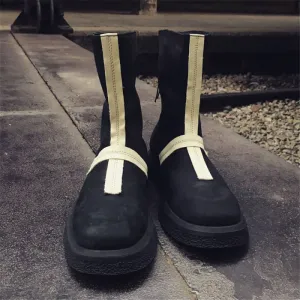 Men’s Cross Stitched Leather Statement Piece Boots in Black
