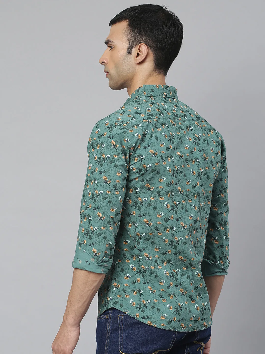 Men's Floral Print Green Slim Fit Cotton Casual Shirt