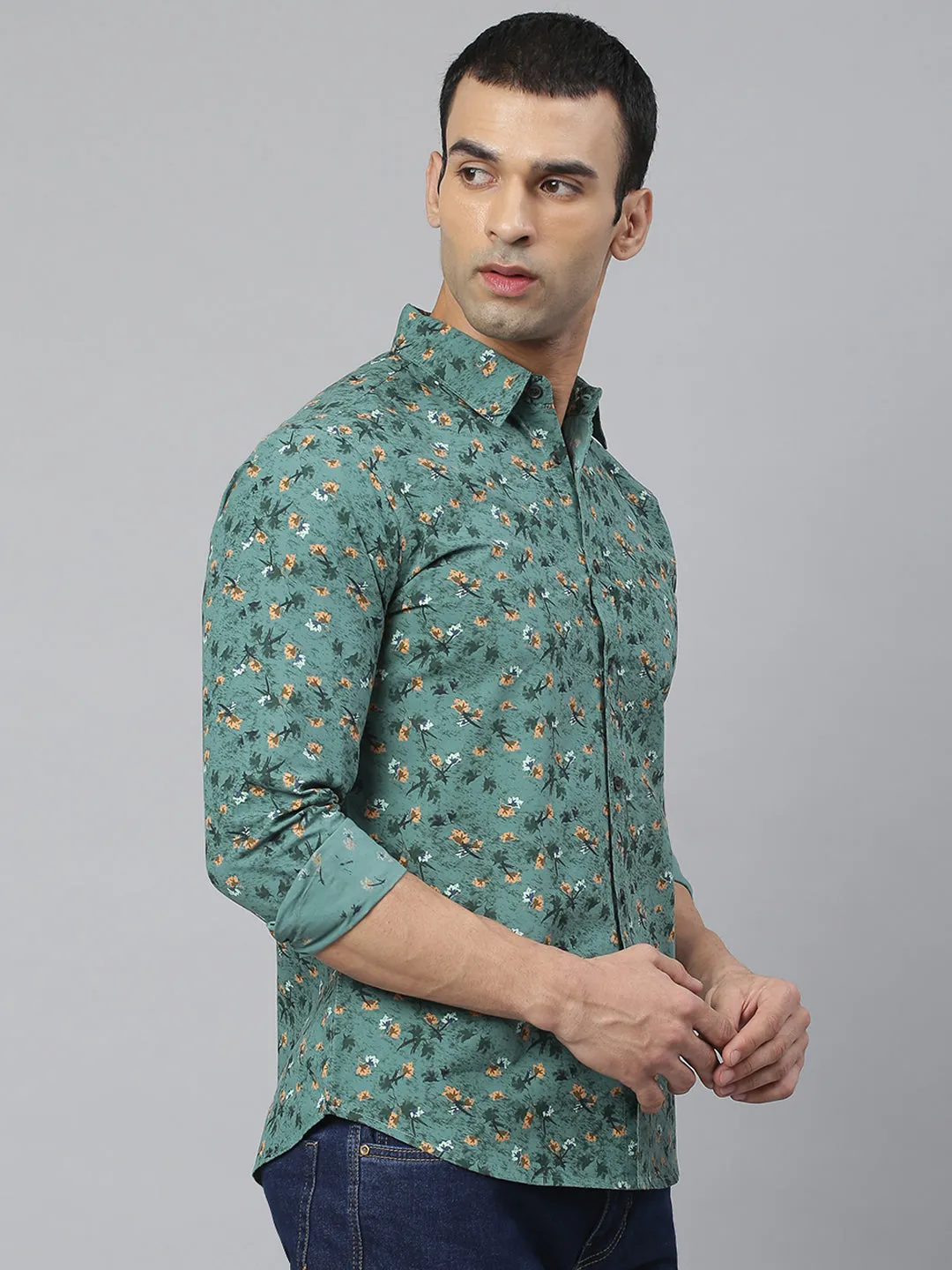 Men's Floral Print Green Slim Fit Cotton Casual Shirt