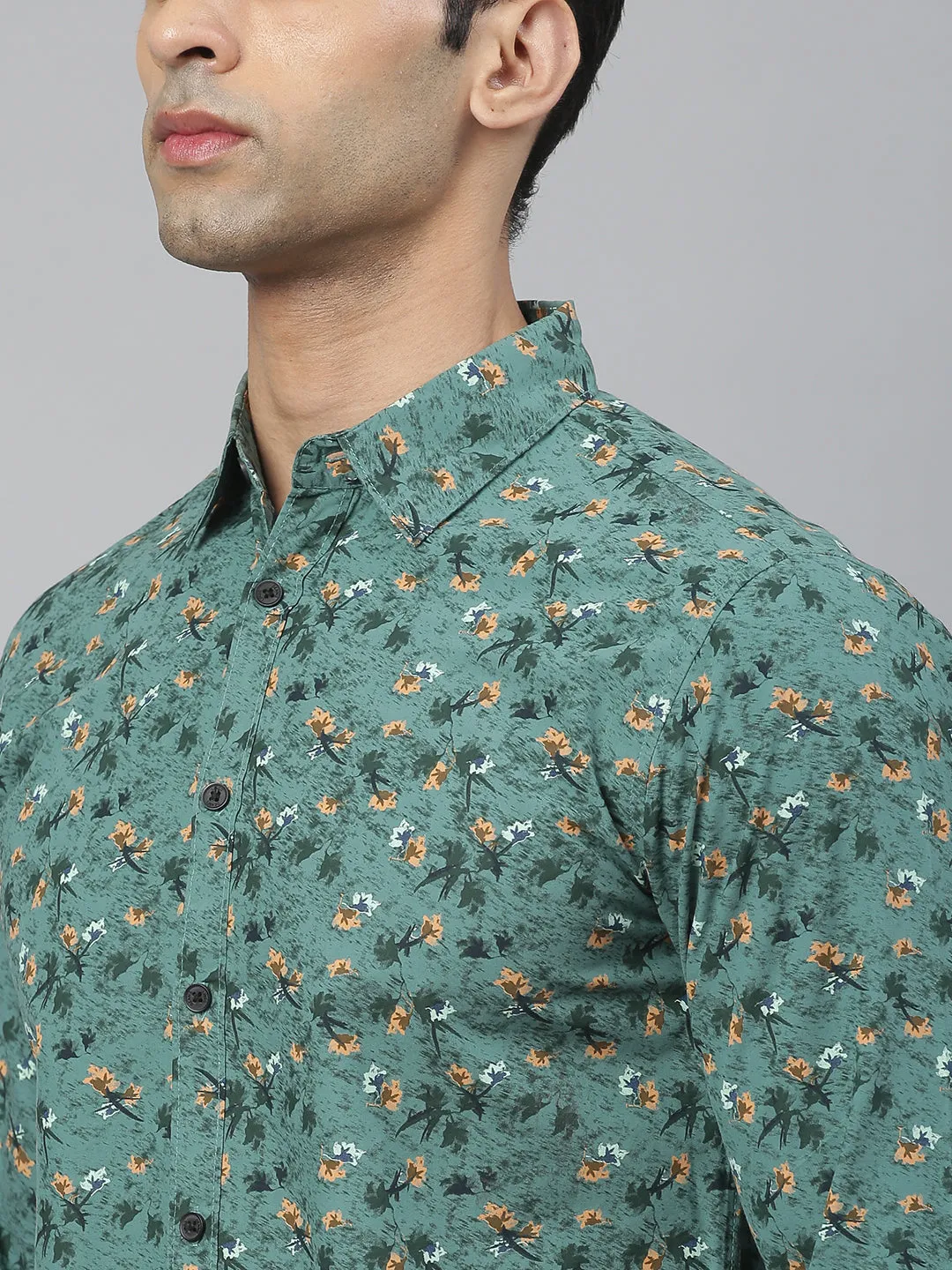 Men's Floral Print Green Slim Fit Cotton Casual Shirt