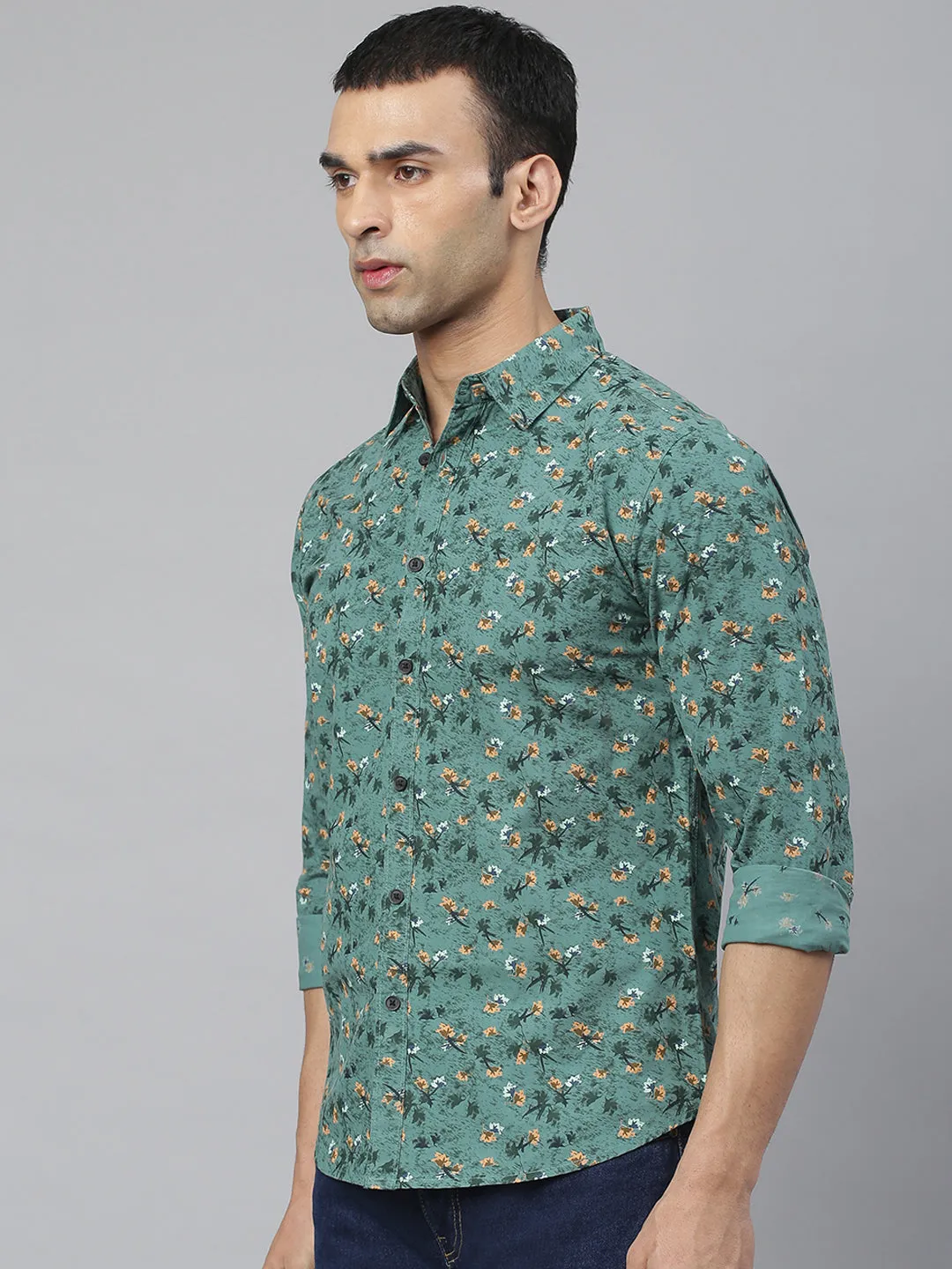 Men's Floral Print Green Slim Fit Cotton Casual Shirt