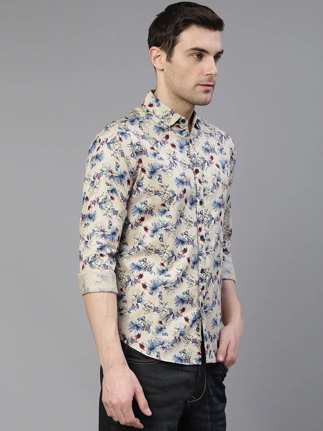 Men's Floral Printed Slim Fit Casual Shirt (Brown)