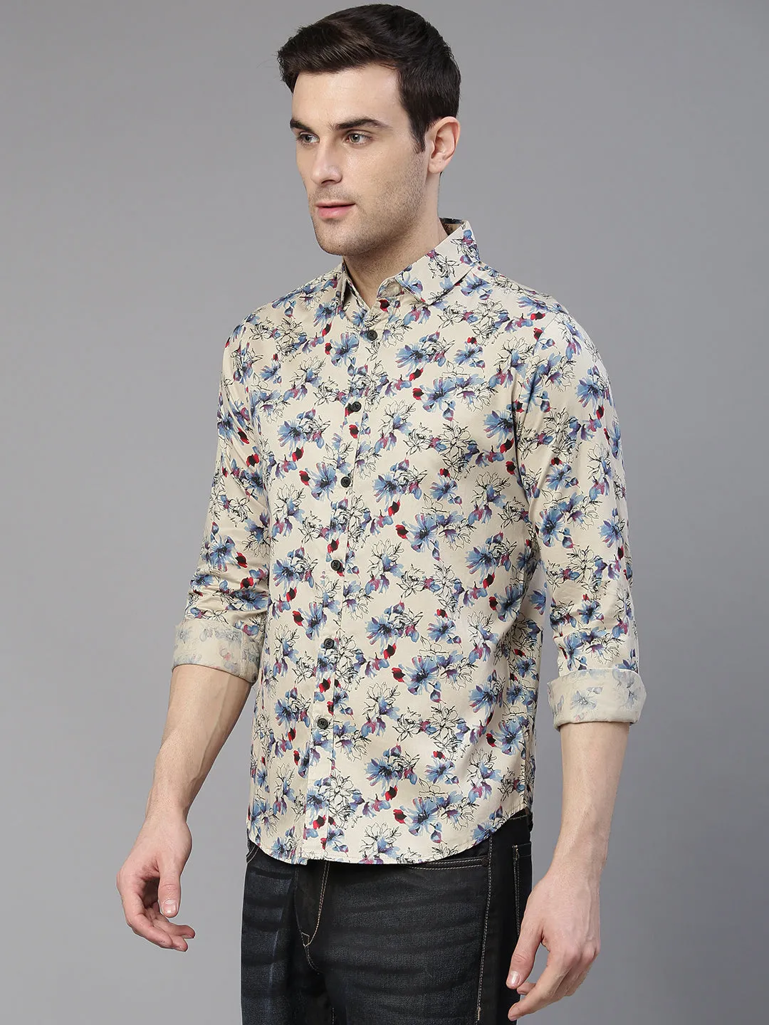 Men's Floral Printed Slim Fit Casual Shirt (Brown)
