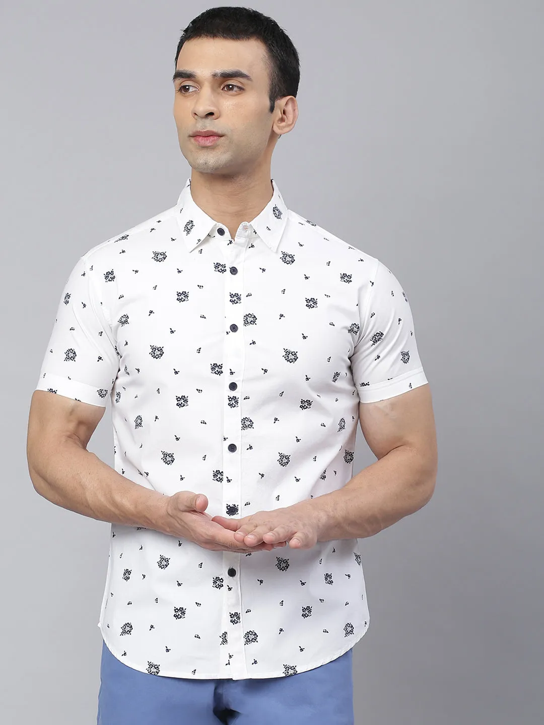 Men's Floral Prints Slim Fit Half Sleeves Shirts (White)