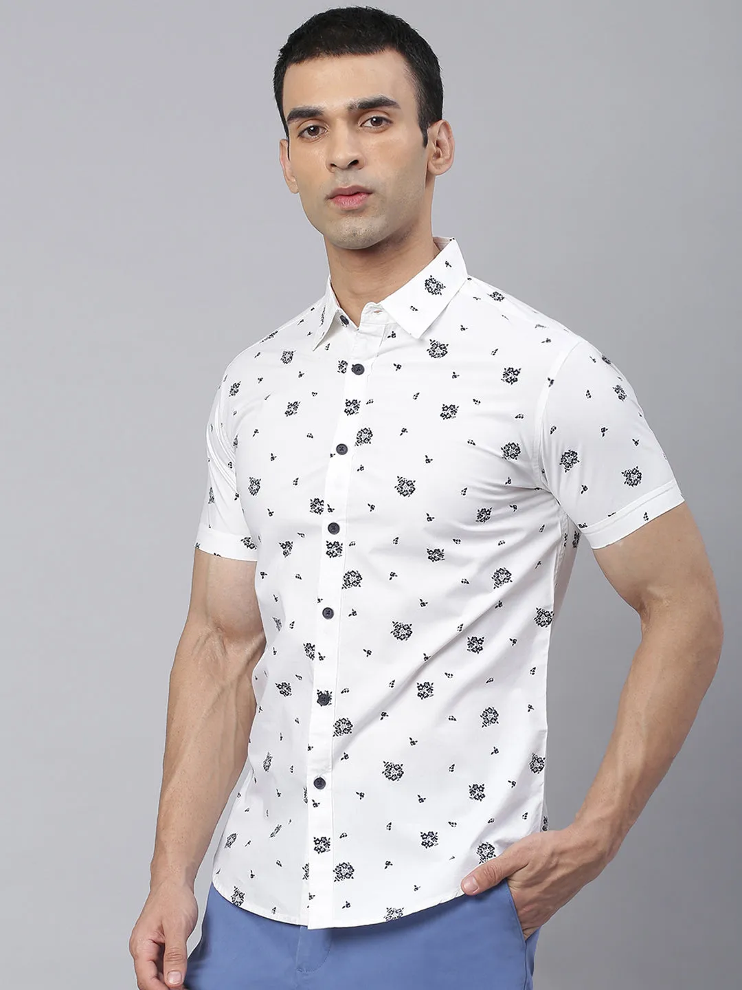 Men's Floral Prints Slim Fit Half Sleeves Shirts (White)