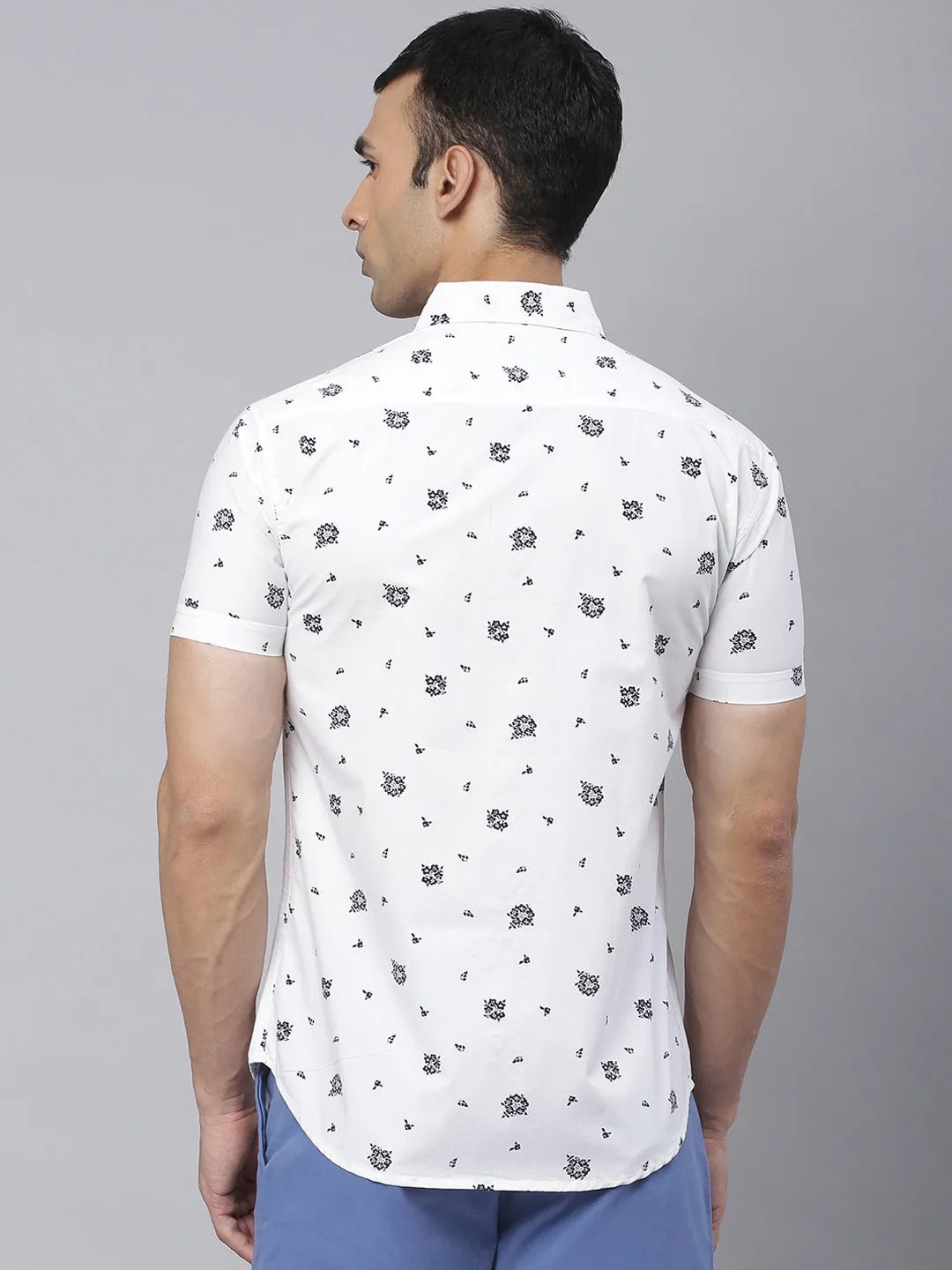 Men's Floral Prints Slim Fit Half Sleeves Shirts (White)