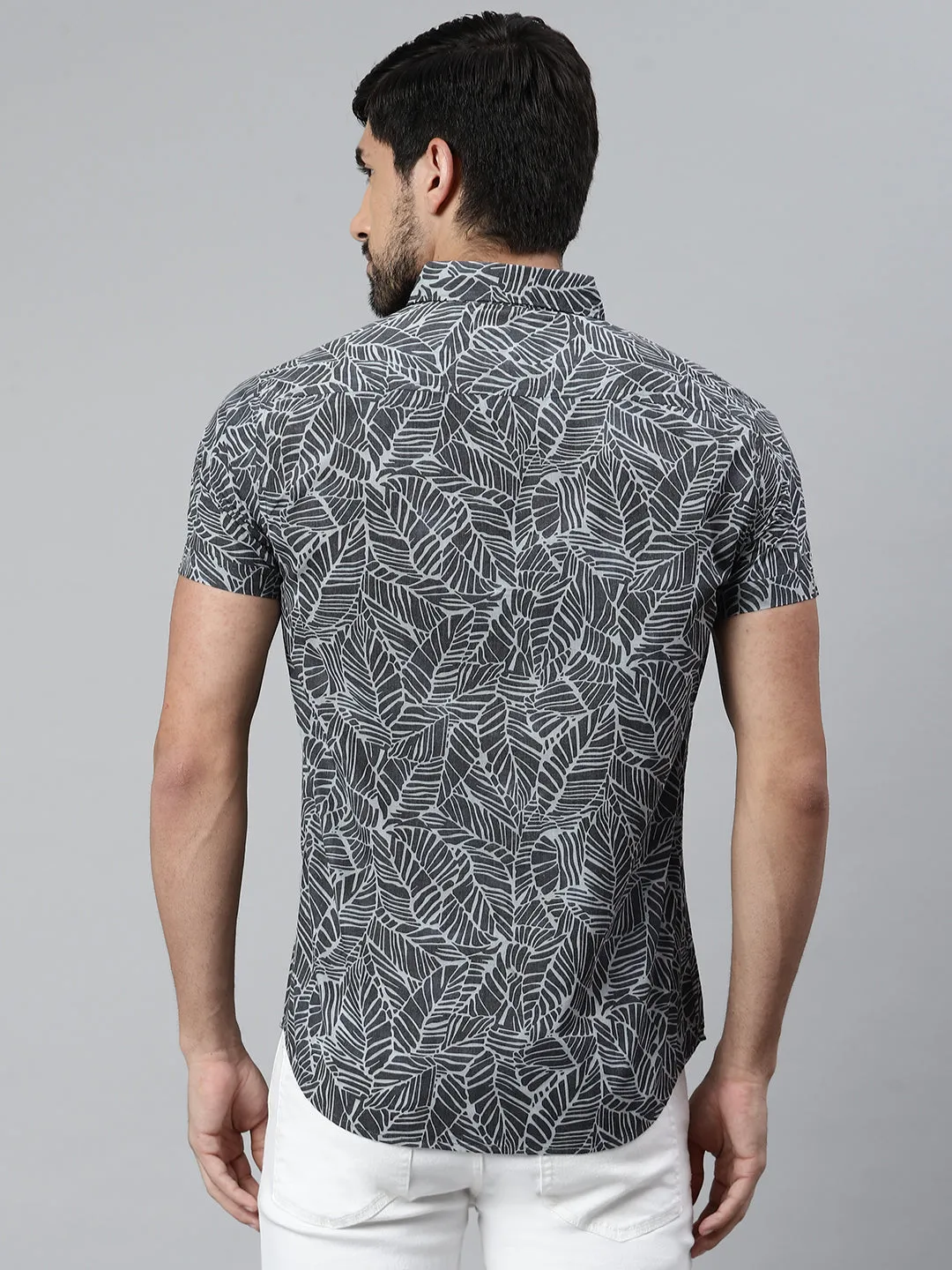 Men's Floral Prints Slim Fit Half Sleeves Spread Collar Shirt (Grey)