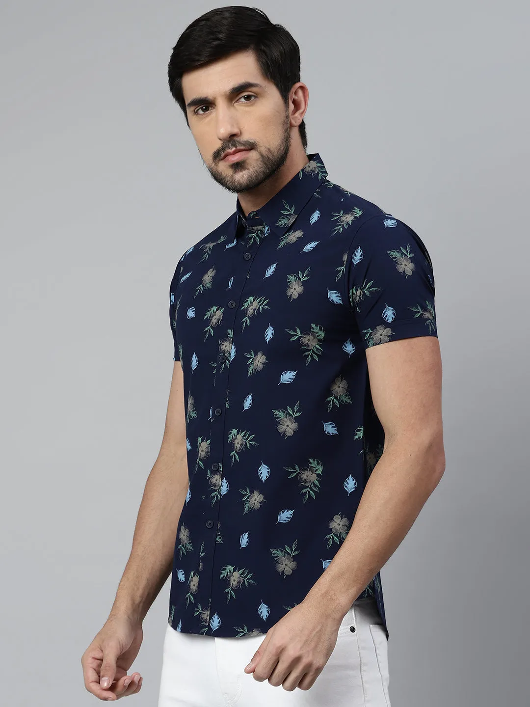 Men's Floral Slimfit Half Sleeves Spread Collar Shirt (Navy)