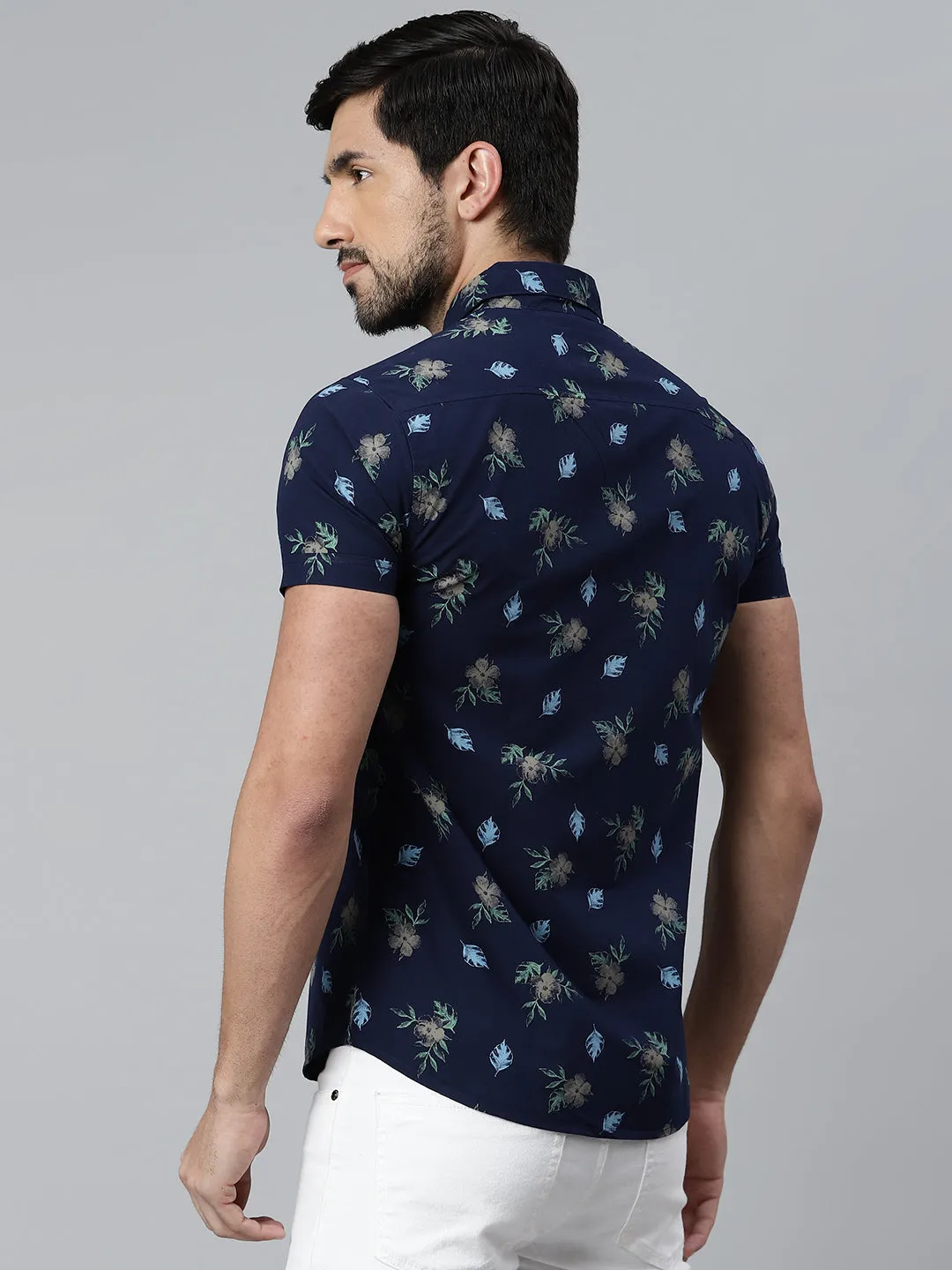 Men's Floral Slimfit Half Sleeves Spread Collar Shirt (Navy)