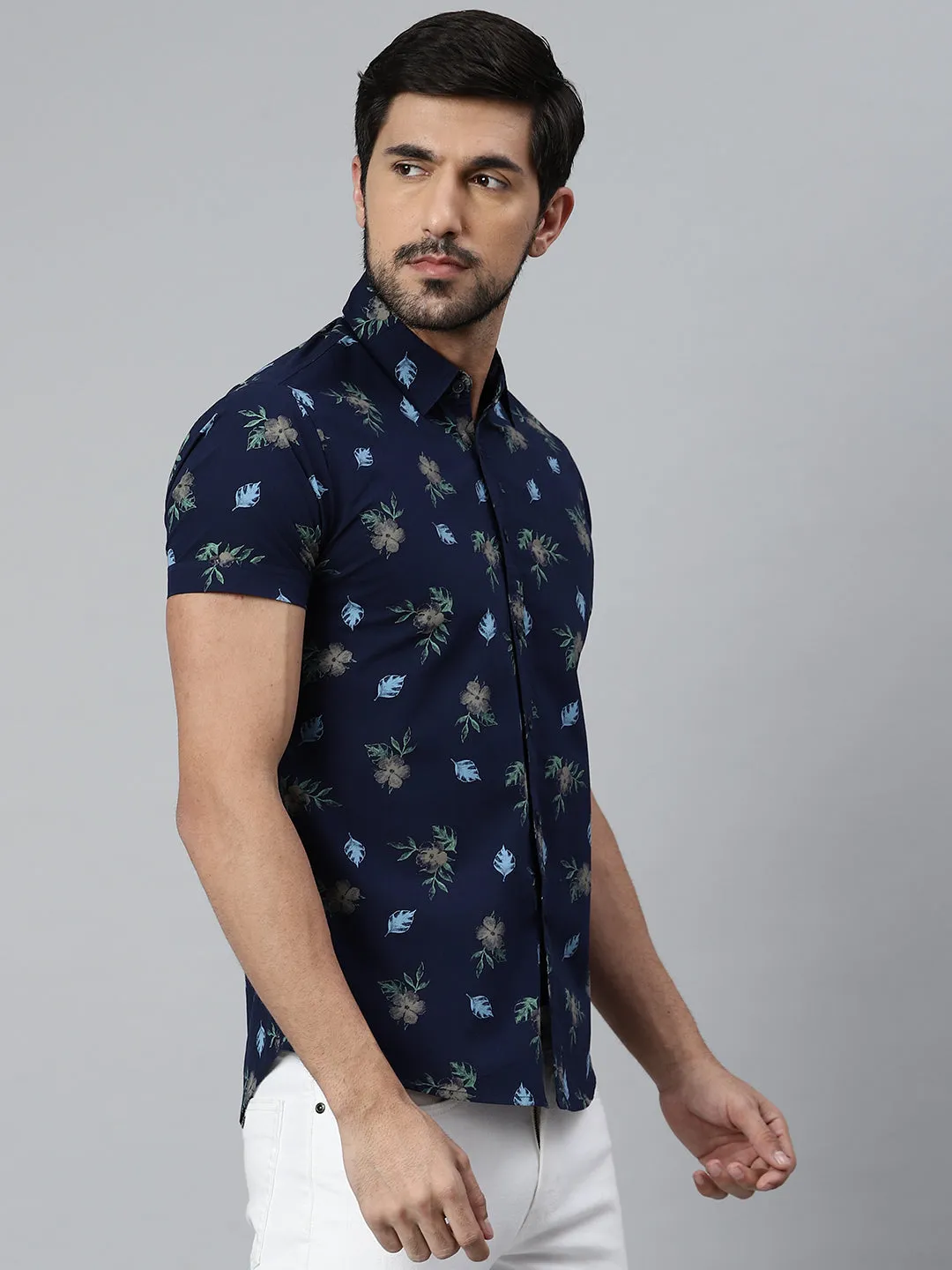 Men's Floral Slimfit Half Sleeves Spread Collar Shirt (Navy)