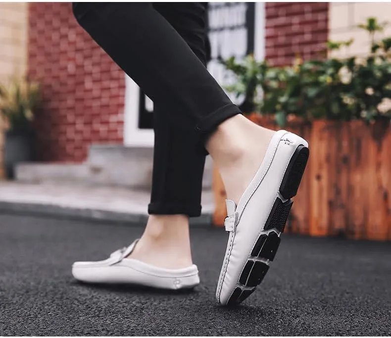 Mens Handmade Leather Mules Clog Slippers Breathable Leather Slip on Shoes Casual Loafers