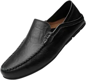Men's Leather Loafers ?C Lightweight Slip-Ons with Anti-Slip Sole, Flat Heel, and Classic Moccasin Design for Driving