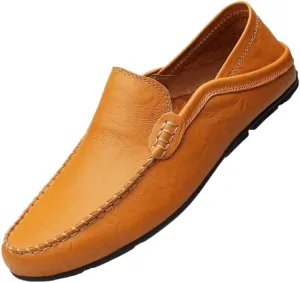 Men's Leather Loafers ?C Lightweight Slip-Ons with Anti-Slip Sole, Flat Heel, and Classic Moccasin Design for Driving