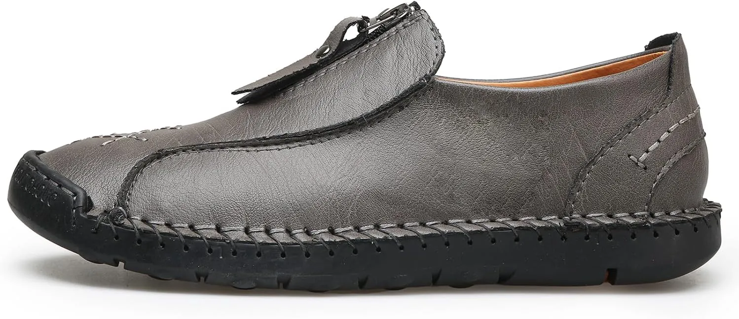 Men's Leather Loafers Slip-On Driving Penny Loafers Classic Moccasins Handstitched Zipper Design Comfort Casual Walking Shoes