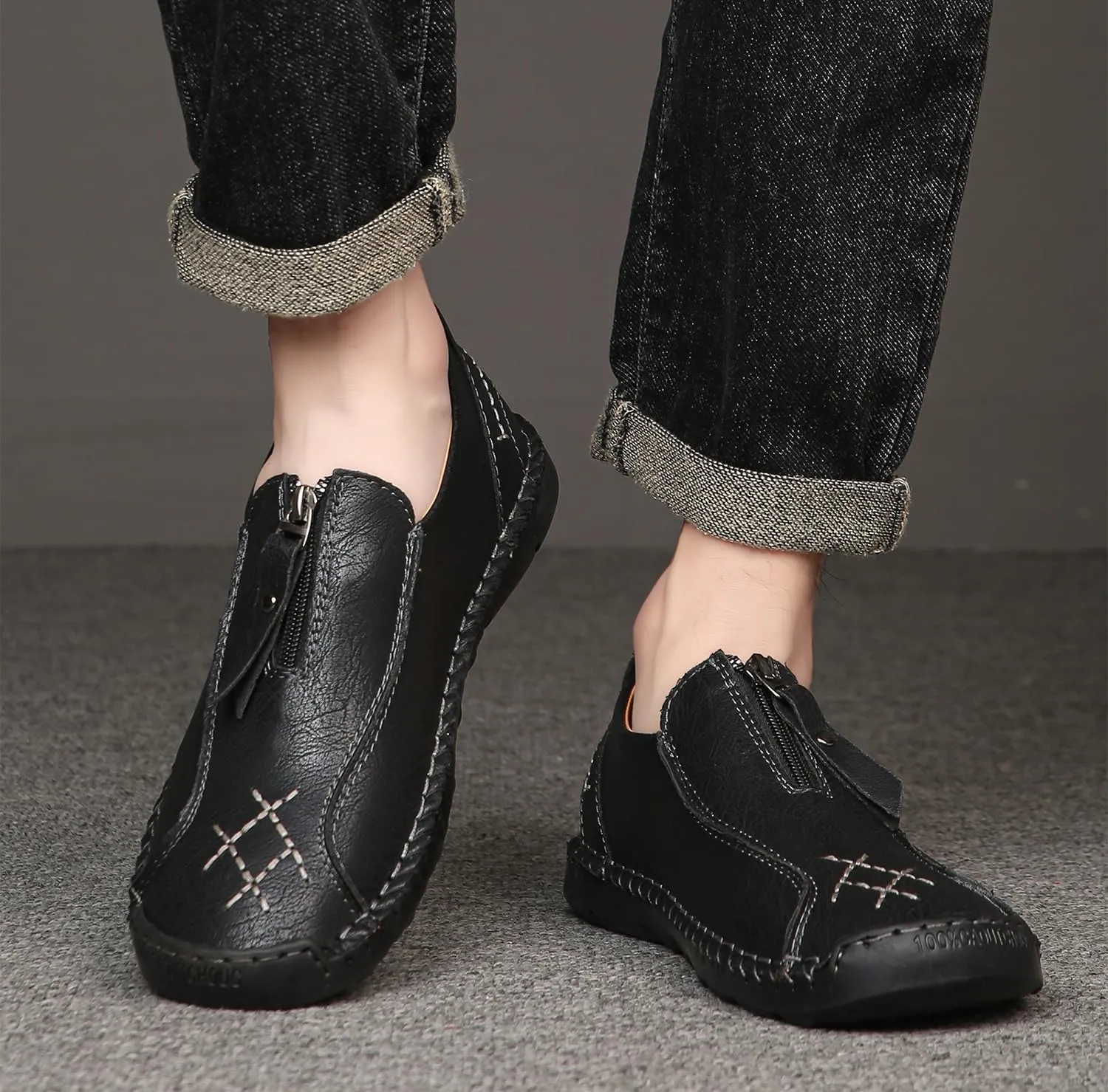 Men's Leather Loafers Slip-On Driving Penny Loafers Classic Moccasins Handstitched Zipper Design Comfort Casual Walking Shoes