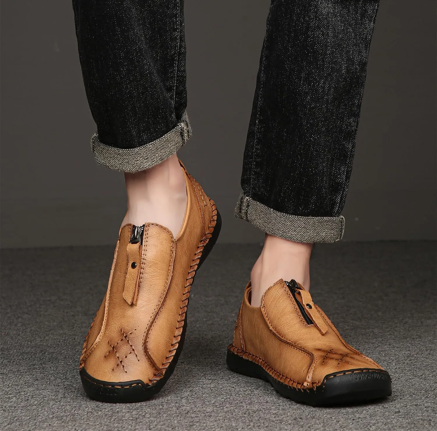 Men's Leather Loafers Slip-On Driving Penny Loafers Classic Moccasins Handstitched Zipper Design Comfort Casual Walking Shoes