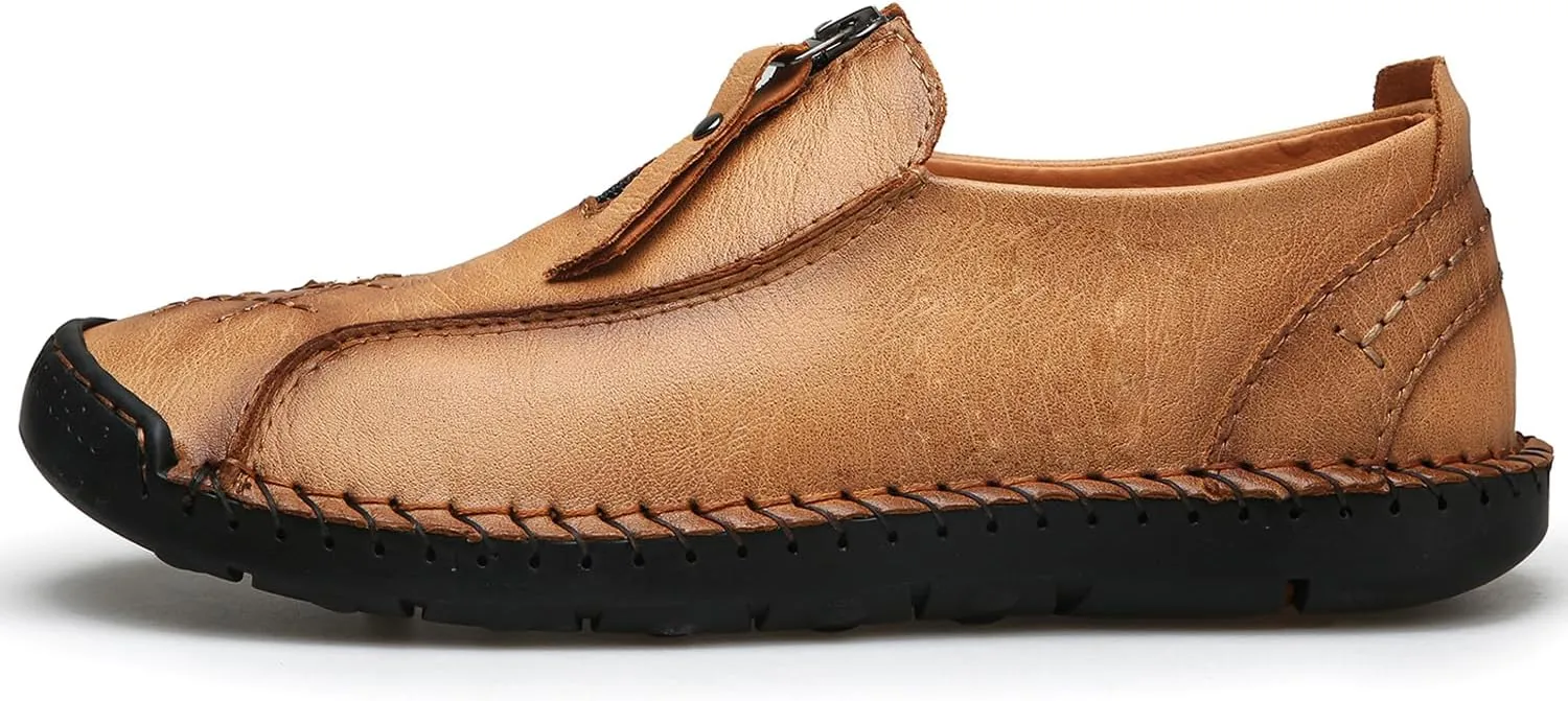 Men's Leather Loafers Slip-On Driving Penny Loafers Classic Moccasins Handstitched Zipper Design Comfort Casual Walking Shoes