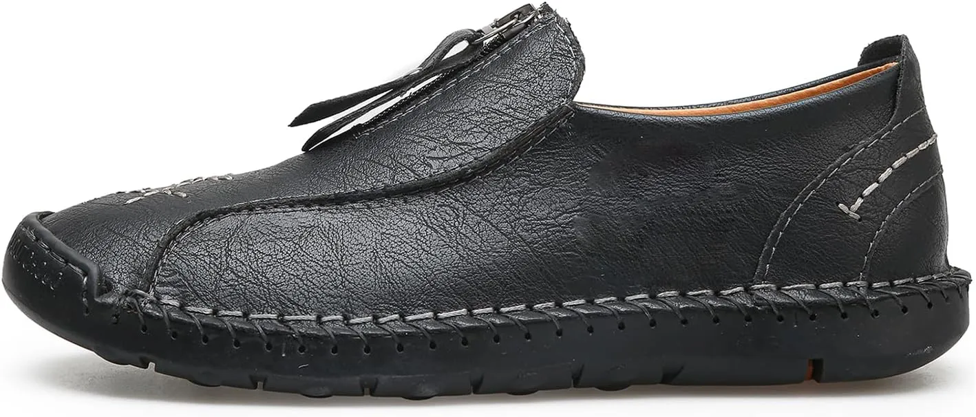 Men's Leather Loafers Slip-On Driving Penny Loafers Classic Moccasins Handstitched Zipper Design Comfort Casual Walking Shoes