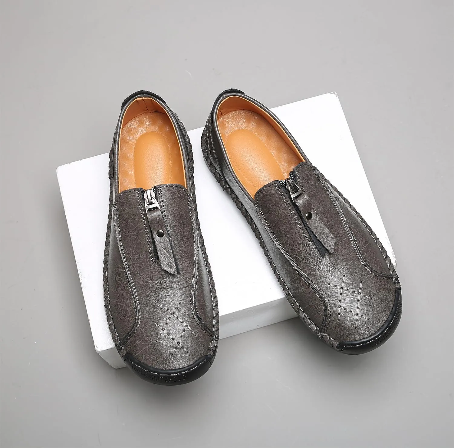 Men's Leather Loafers Slip-On Driving Penny Loafers Classic Moccasins Handstitched Zipper Design Comfort Casual Walking Shoes