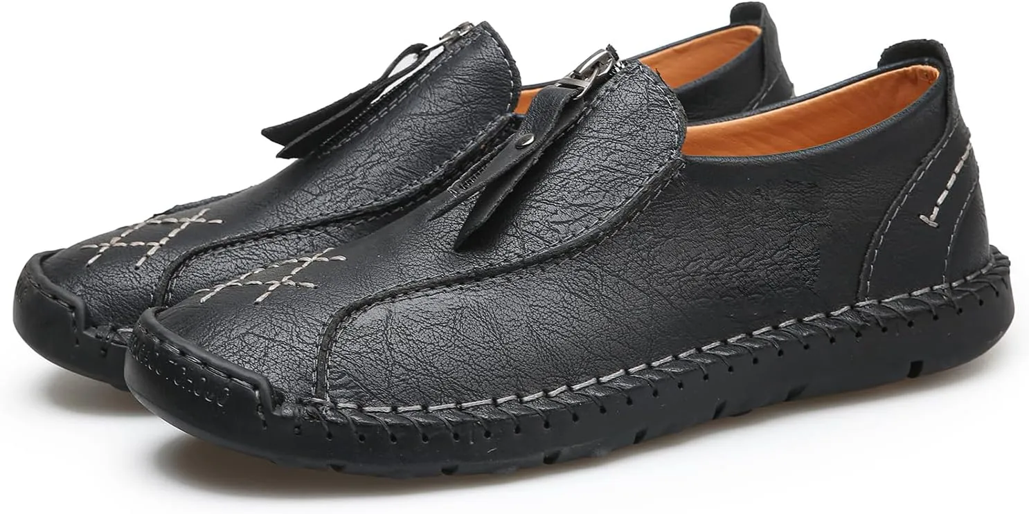 Men's Leather Loafers Slip-On Driving Penny Loafers Classic Moccasins Handstitched Zipper Design Comfort Casual Walking Shoes