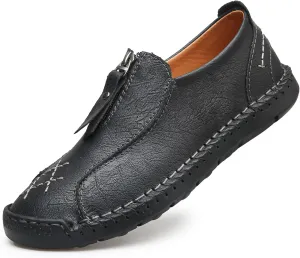 Men's Leather Loafers Slip-On Driving Penny Loafers Classic Moccasins Handstitched Zipper Design Comfort Casual Walking Shoes