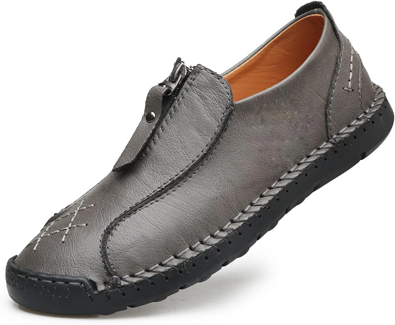 Men's Leather Loafers Slip-On Driving Penny Loafers Classic Moccasins Handstitched Zipper Design Comfort Casual Walking Shoes