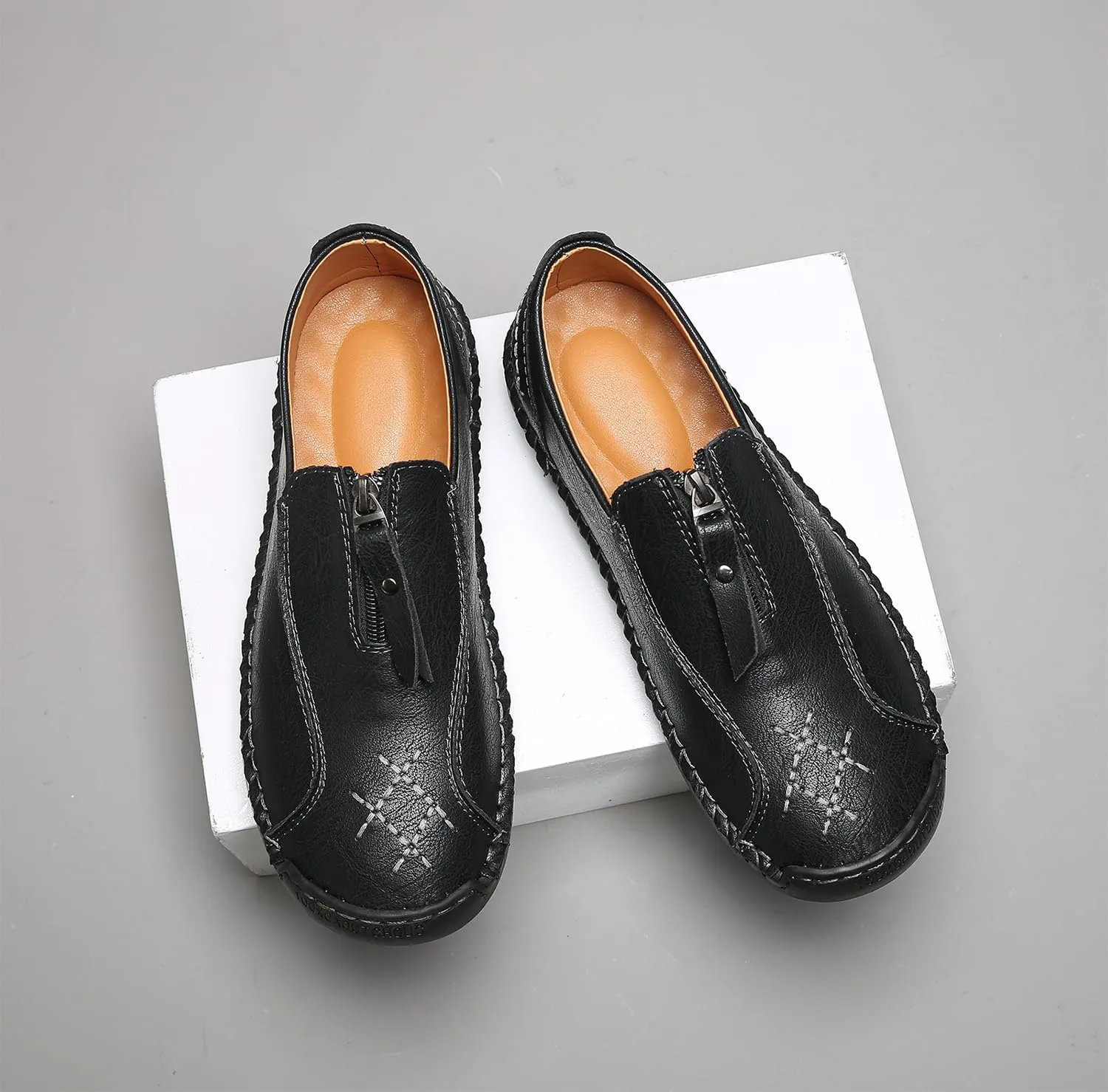 Men's Leather Loafers Slip-On Driving Penny Loafers Classic Moccasins Handstitched Zipper Design Comfort Casual Walking Shoes