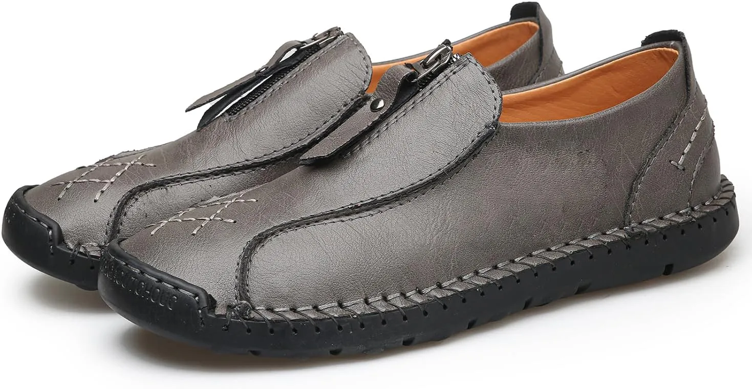Men's Leather Loafers Slip-On Driving Penny Loafers Classic Moccasins Handstitched Zipper Design Comfort Casual Walking Shoes