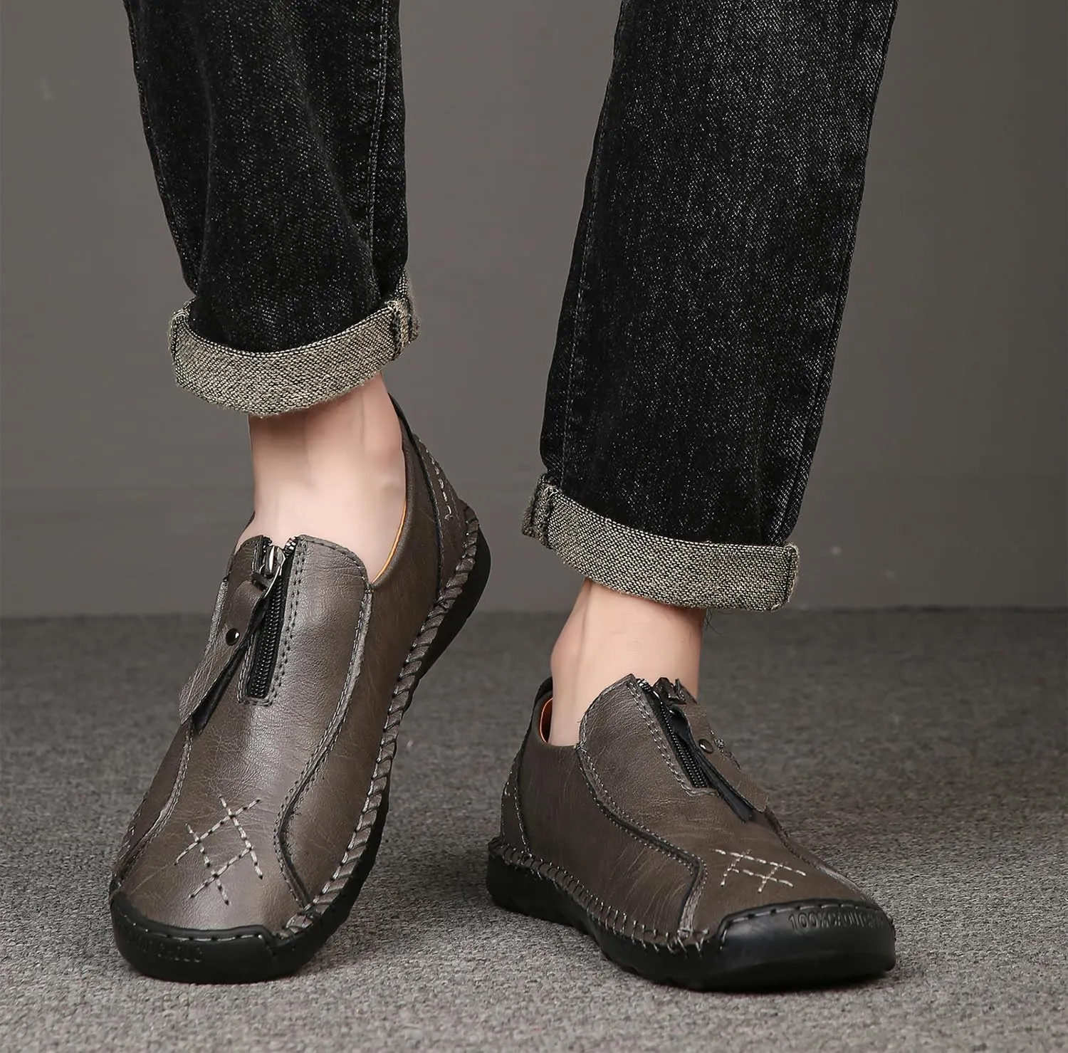 Men's Leather Loafers Slip-On Driving Penny Loafers Classic Moccasins Handstitched Zipper Design Comfort Casual Walking Shoes