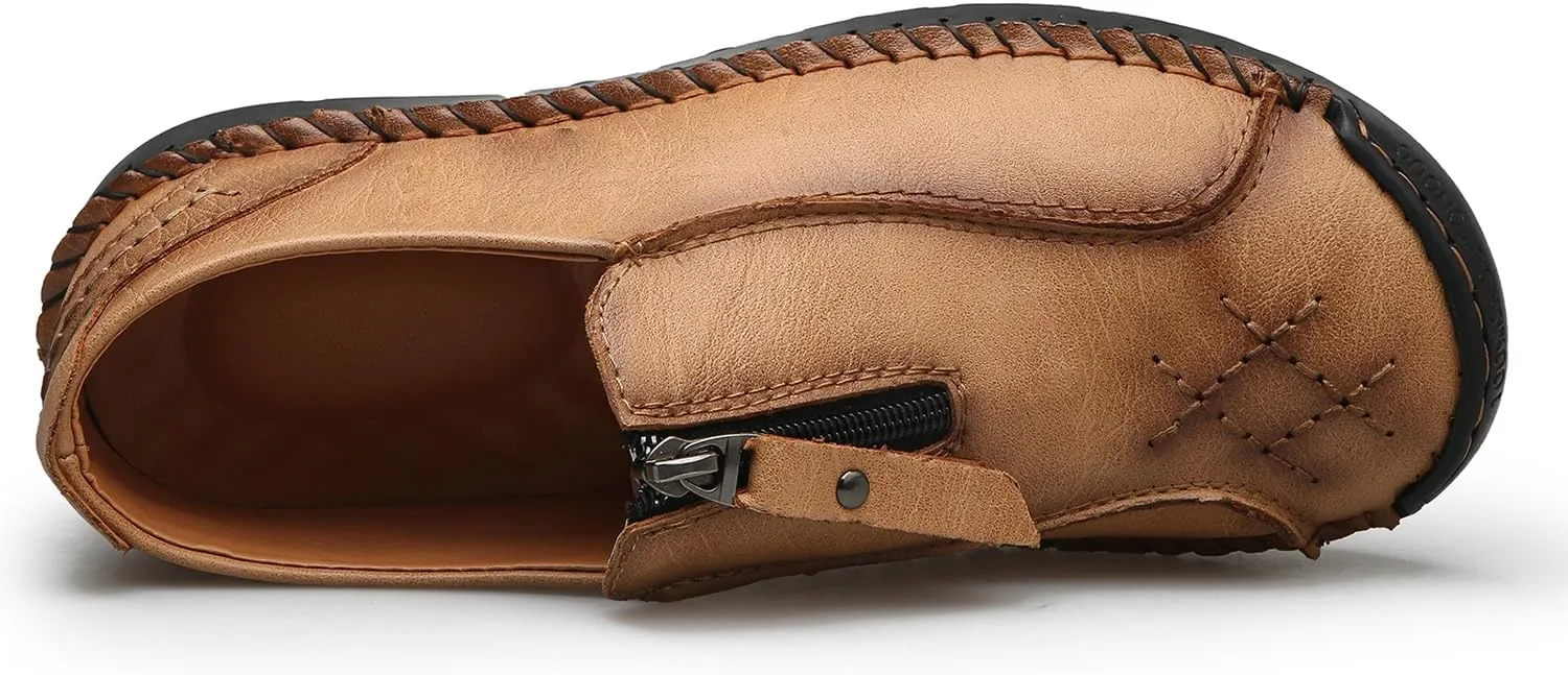 Men's Leather Loafers Slip-On Driving Penny Loafers Classic Moccasins Handstitched Zipper Design Comfort Casual Walking Shoes