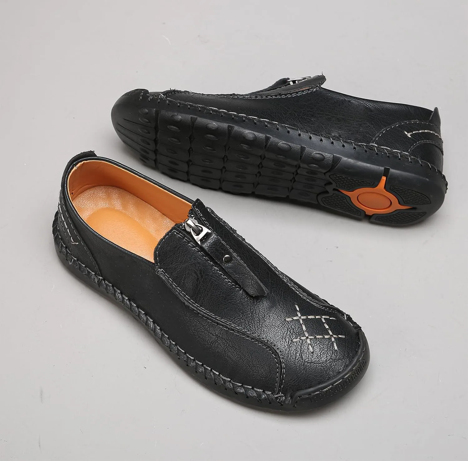 Men's Leather Loafers Slip-On Driving Penny Loafers Classic Moccasins Handstitched Zipper Design Comfort Casual Walking Shoes