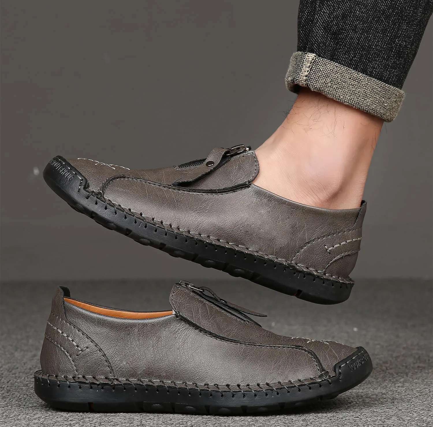 Men's Leather Loafers Slip-On Driving Penny Loafers Classic Moccasins Handstitched Zipper Design Comfort Casual Walking Shoes