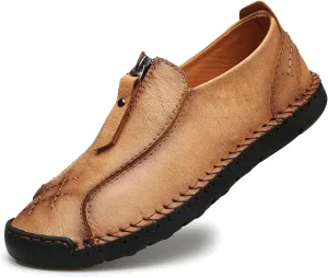 Men's Leather Loafers Slip-On Driving Penny Loafers Classic Moccasins Handstitched Zipper Design Comfort Casual Walking Shoes