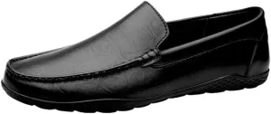 Mens Leather Loafers Slip On Round Toe Solid Color Lightweight Classic Comfortable Casual Shoes Simple Design