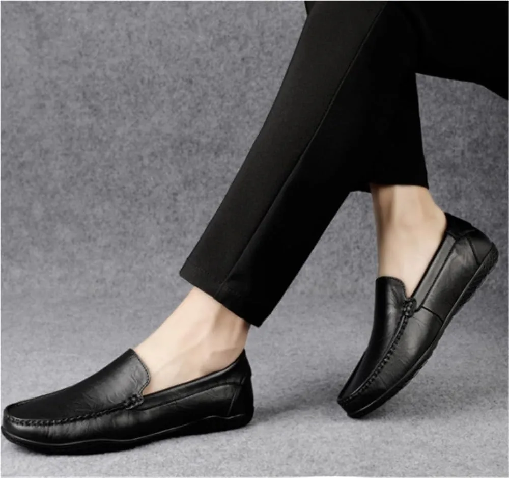 Mens Leather Loafers Slip On Round Toe Solid Color Lightweight Classic Comfortable Casual Shoes Simple Design