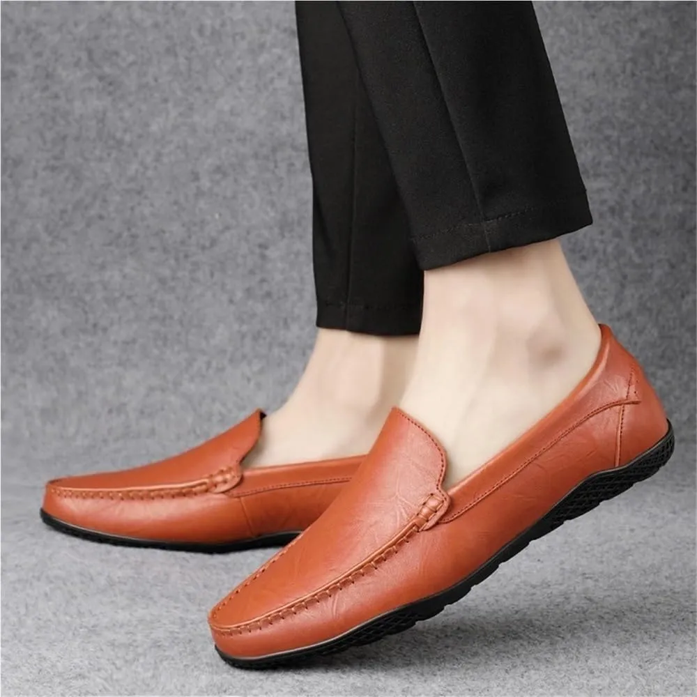 Mens Leather Loafers Slip On Round Toe Solid Color Lightweight Classic Comfortable Casual Shoes Simple Design