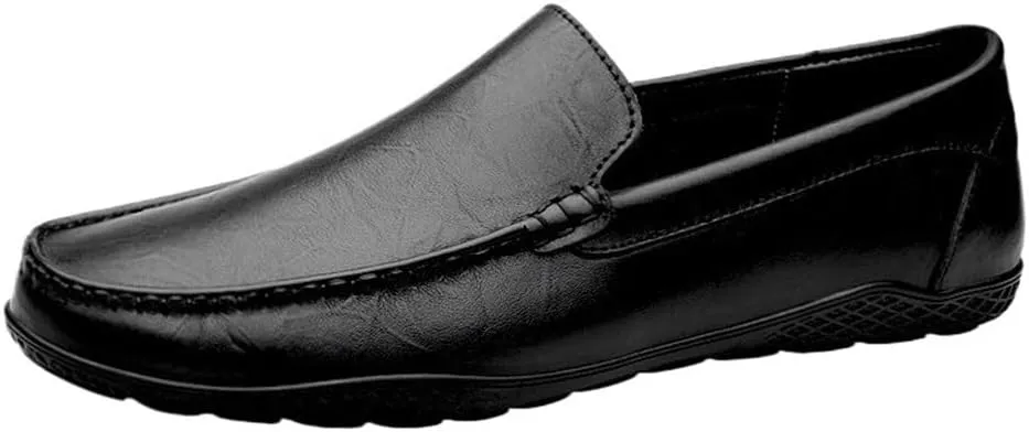 Mens Leather Loafers Slip On Round Toe Solid Color Lightweight Classic Comfortable Casual Shoes Simple Design