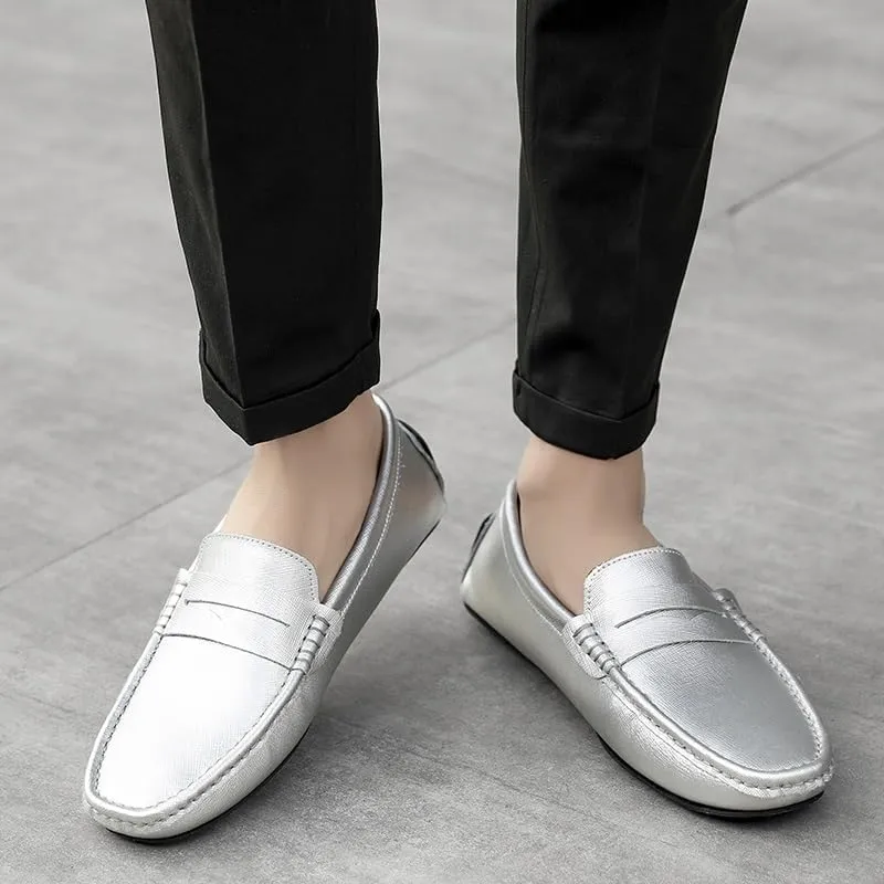 Men's Loafers Genuine Leather Stitching Details Penny Driving Loafer Comfortable Lightweight Flat Heel Classic Slip On(Silver,11.5)