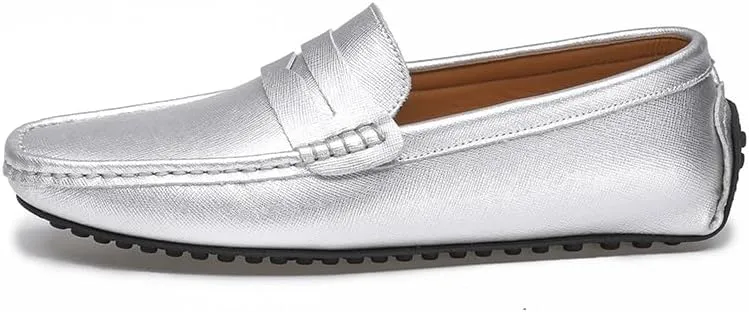 Men's Loafers Genuine Leather Stitching Details Penny Driving Loafer Comfortable Lightweight Flat Heel Classic Slip On(Silver,11.5)