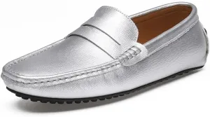 Men's Loafers Genuine Leather Stitching Details Penny Driving Loafer Comfortable Lightweight Flat Heel Classic Slip On(Silver,11.5)