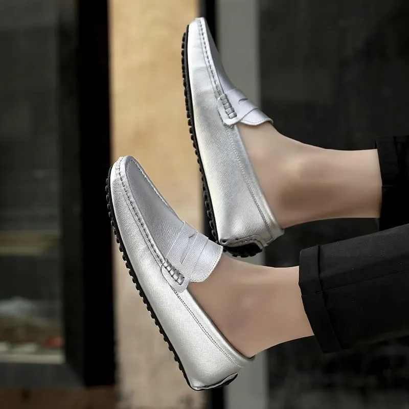 Men's Loafers Genuine Leather Stitching Details Penny Driving Loafer Comfortable Lightweight Flat Heel Classic Slip On(Silver,11.5)