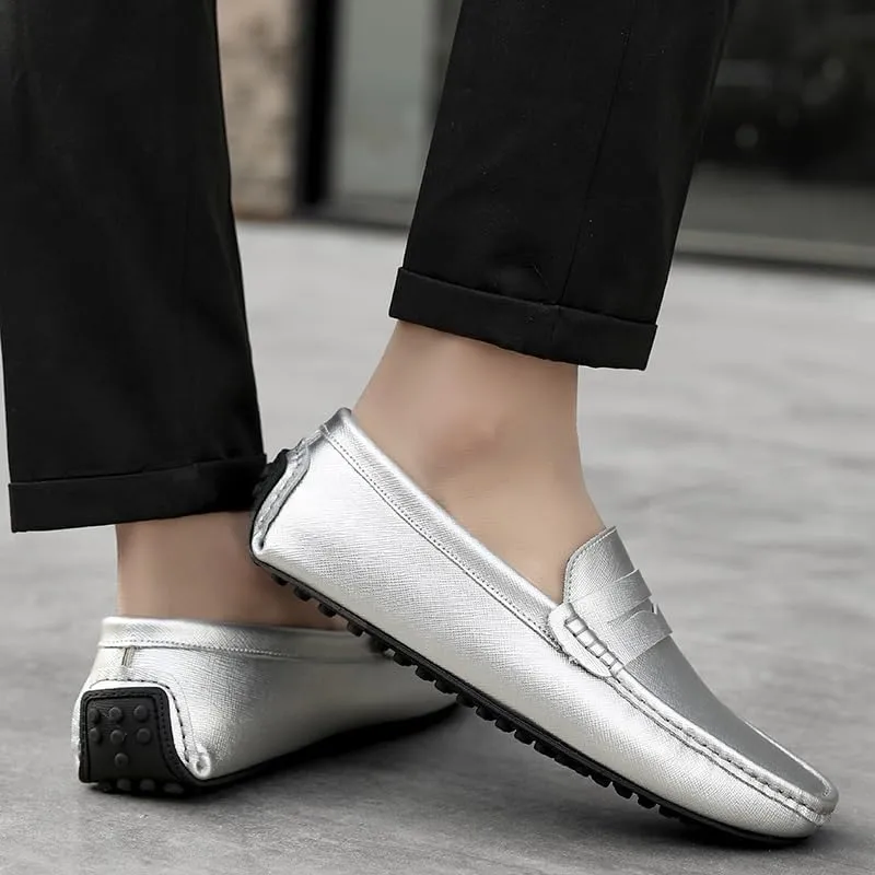 Men's Loafers Genuine Leather Stitching Details Penny Driving Loafer Comfortable Lightweight Flat Heel Classic Slip On(Silver,11.5)