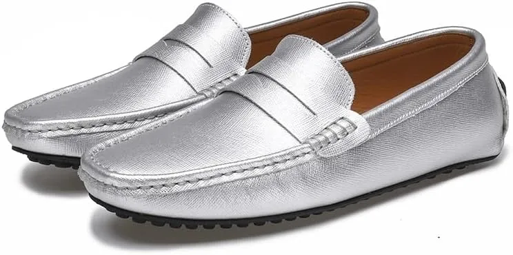 Men's Loafers Genuine Leather Stitching Details Penny Driving Loafer Comfortable Lightweight Flat Heel Classic Slip On(Silver,11.5)